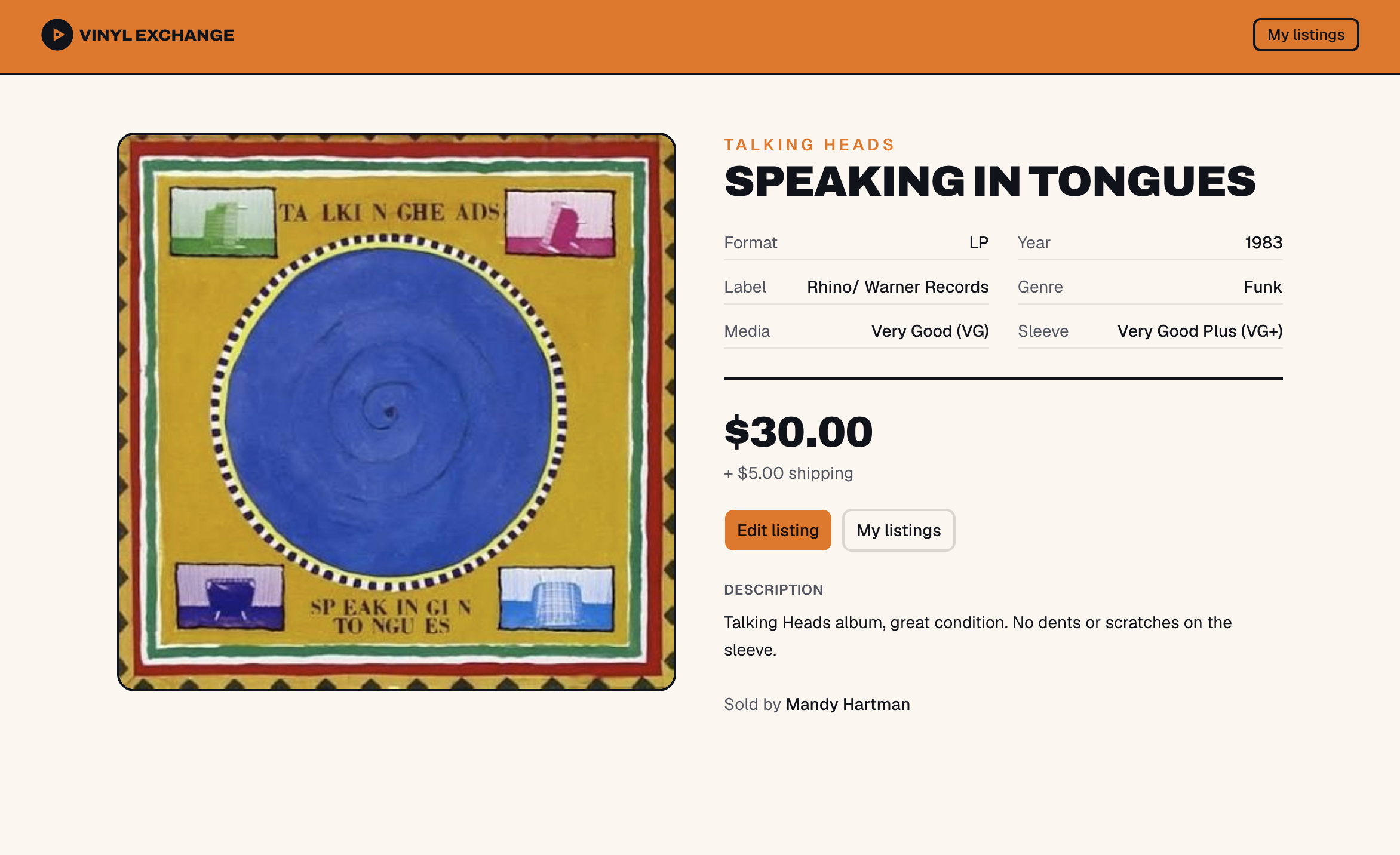 A record listing page on Vinyl Exchange
