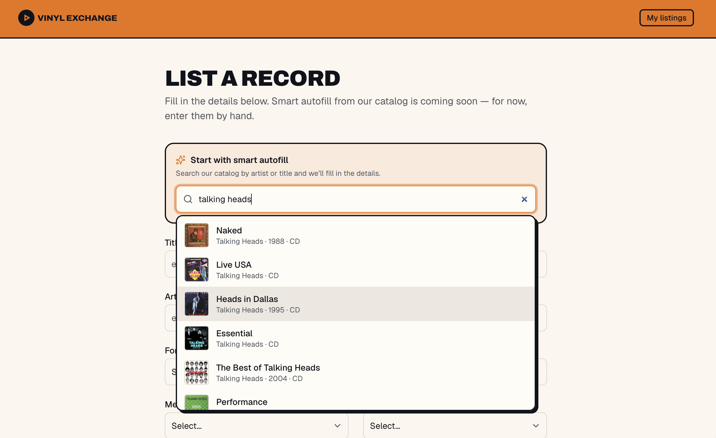 Listing a record on Vinyl Exchange with smart autofill